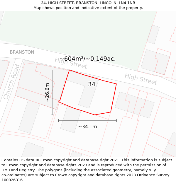 34, HIGH STREET, BRANSTON, LINCOLN, LN4 1NB: Plot and title map