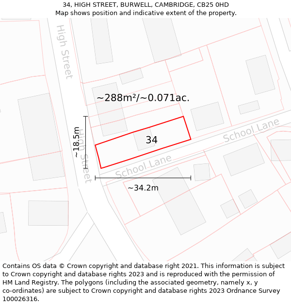 34, HIGH STREET, BURWELL, CAMBRIDGE, CB25 0HD: Plot and title map