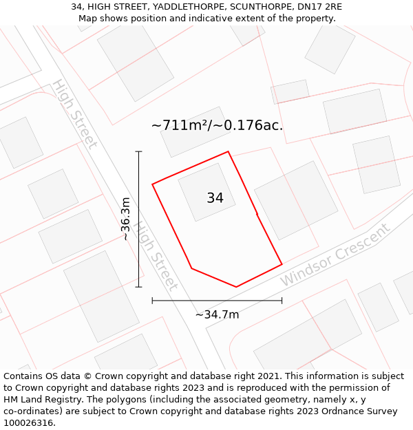 34, HIGH STREET, YADDLETHORPE, SCUNTHORPE, DN17 2RE: Plot and title map