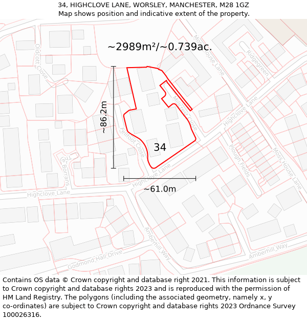 34, HIGHCLOVE LANE, WORSLEY, MANCHESTER, M28 1GZ: Plot and title map