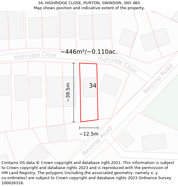 34, HIGHRIDGE CLOSE, PURTON, SWINDON, SN5 4BS: Plot and title map