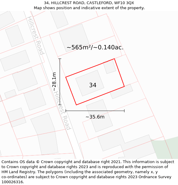 34, HILLCREST ROAD, CASTLEFORD, WF10 3QX: Plot and title map