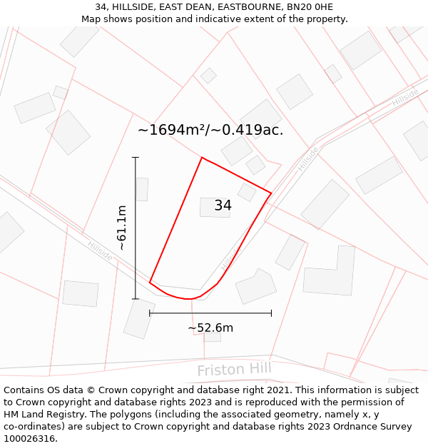 34, HILLSIDE, EAST DEAN, EASTBOURNE, BN20 0HE: Plot and title map