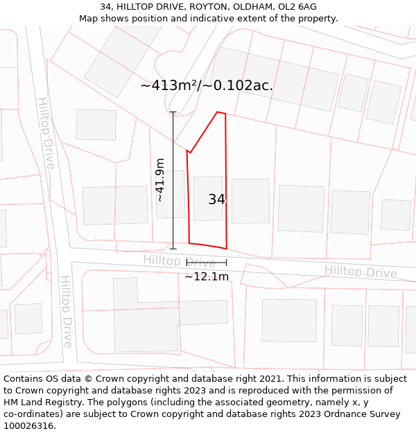 34, HILLTOP DRIVE, ROYTON, OLDHAM, OL2 6AG: Plot and title map