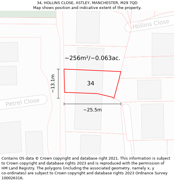 34, HOLLINS CLOSE, ASTLEY, MANCHESTER, M29 7QD: Plot and title map