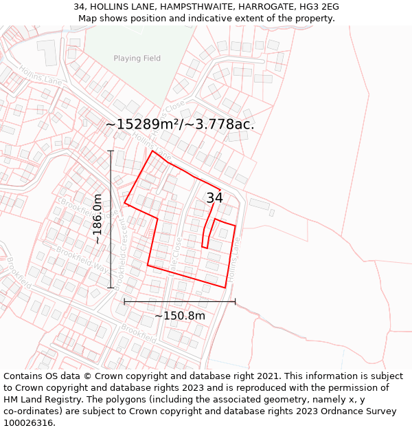 34, HOLLINS LANE, HAMPSTHWAITE, HARROGATE, HG3 2EG: Plot and title map