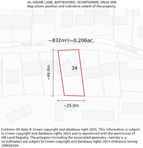 34, HOLME LANE, BOTTESFORD, SCUNTHORPE, DN16 3RB: Plot and title map