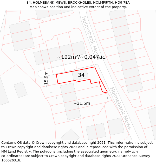 34, HOLMEBANK MEWS, BROCKHOLES, HOLMFIRTH, HD9 7EA: Plot and title map