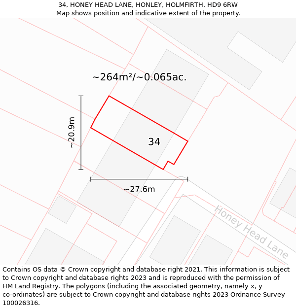 34, HONEY HEAD LANE, HONLEY, HOLMFIRTH, HD9 6RW: Plot and title map