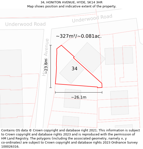 34, HONITON AVENUE, HYDE, SK14 3HR: Plot and title map