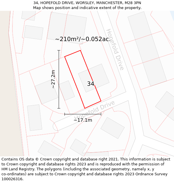 34, HOPEFOLD DRIVE, WORSLEY, MANCHESTER, M28 3PN: Plot and title map