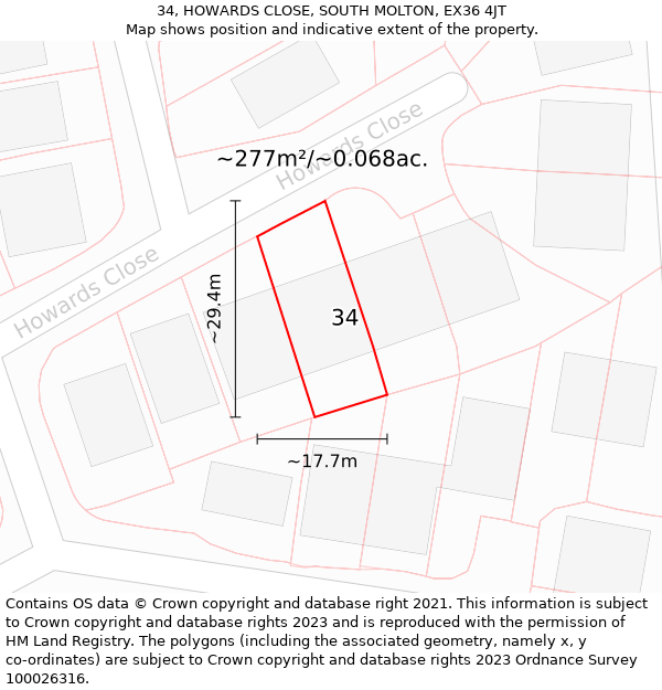 34, HOWARDS CLOSE, SOUTH MOLTON, EX36 4JT: Plot and title map