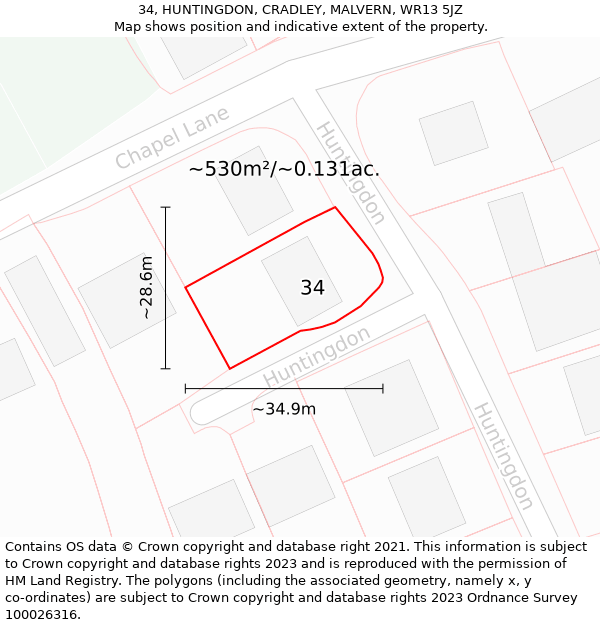 34, HUNTINGDON, CRADLEY, MALVERN, WR13 5JZ: Plot and title map