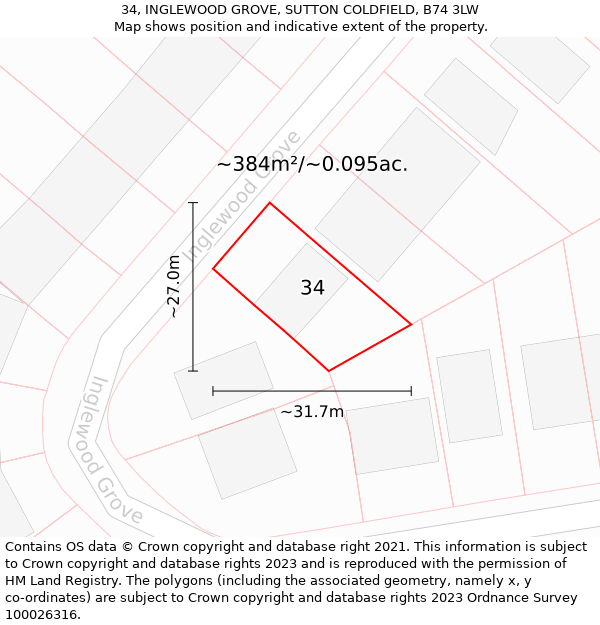 34, INGLEWOOD GROVE, SUTTON COLDFIELD, B74 3LW: Plot and title map