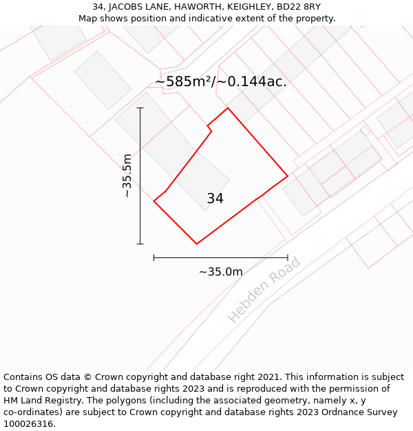 34, JACOBS LANE, HAWORTH, KEIGHLEY, BD22 8RY: Plot and title map