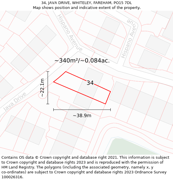 34, JAVA DRIVE, WHITELEY, FAREHAM, PO15 7DL: Plot and title map