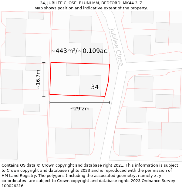 34, JUBILEE CLOSE, BLUNHAM, BEDFORD, MK44 3LZ: Plot and title map