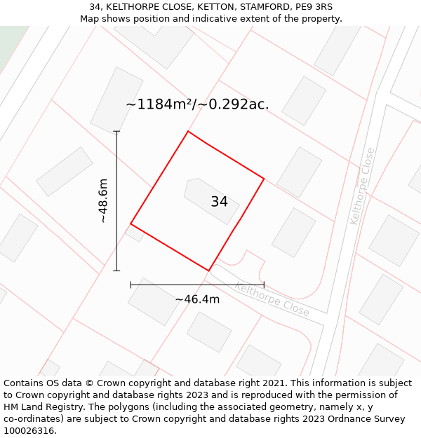 34, KELTHORPE CLOSE, KETTON, STAMFORD, PE9 3RS: Plot and title map