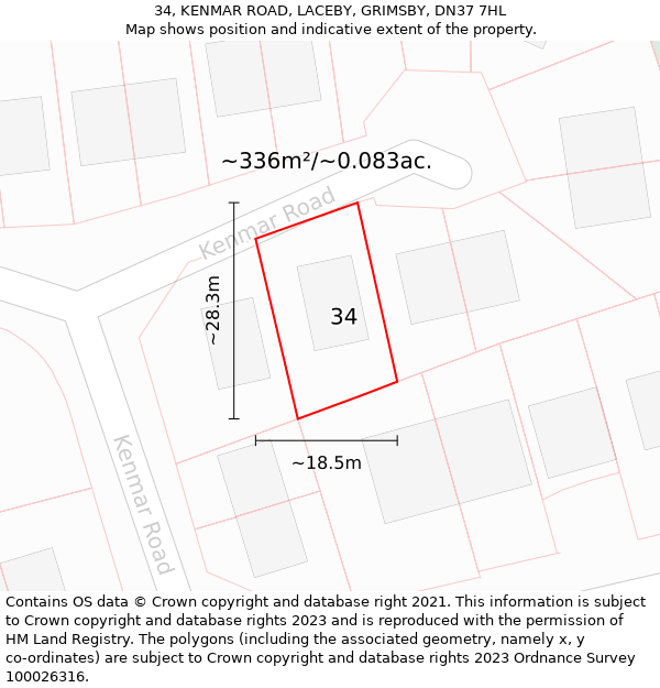 34, KENMAR ROAD, LACEBY, GRIMSBY, DN37 7HL: Plot and title map