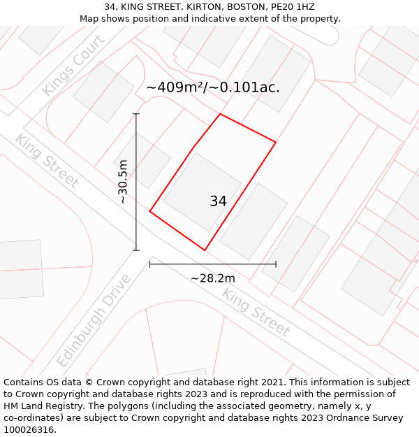 34, KING STREET, KIRTON, BOSTON, PE20 1HZ: Plot and title map