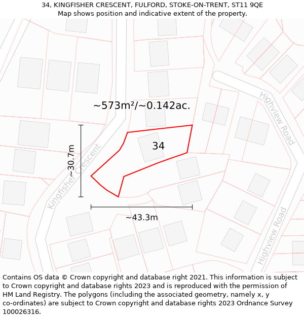 34, KINGFISHER CRESCENT, FULFORD, STOKE-ON-TRENT, ST11 9QE: Plot and title map