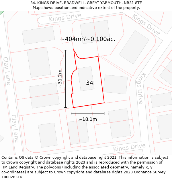 34, KINGS DRIVE, BRADWELL, GREAT YARMOUTH, NR31 8TE: Plot and title map