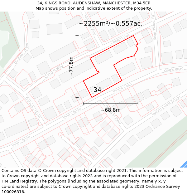 34, KINGS ROAD, AUDENSHAW, MANCHESTER, M34 5EP: Plot and title map