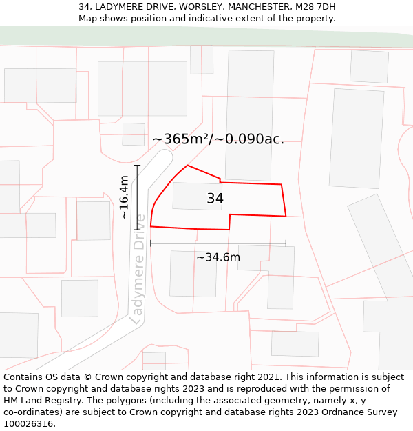 34, LADYMERE DRIVE, WORSLEY, MANCHESTER, M28 7DH: Plot and title map