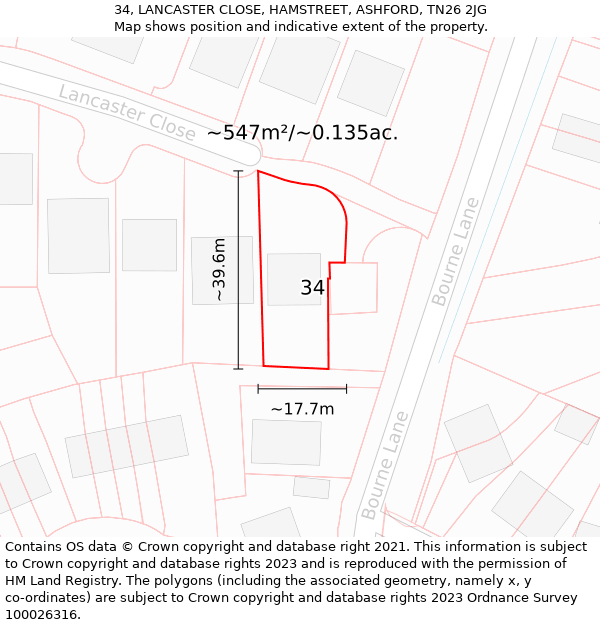 34, LANCASTER CLOSE, HAMSTREET, ASHFORD, TN26 2JG: Plot and title map