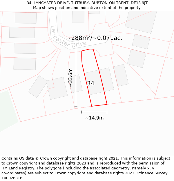 34, LANCASTER DRIVE, TUTBURY, BURTON-ON-TRENT, DE13 9JT: Plot and title map