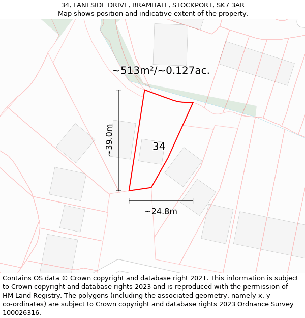 34, LANESIDE DRIVE, BRAMHALL, STOCKPORT, SK7 3AR: Plot and title map