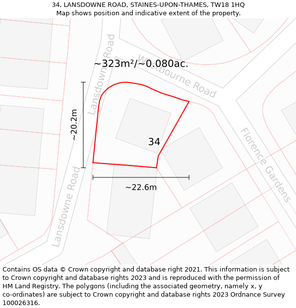 34, LANSDOWNE ROAD, STAINES-UPON-THAMES, TW18 1HQ: Plot and title map