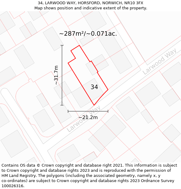 34, LARWOOD WAY, HORSFORD, NORWICH, NR10 3FX: Plot and title map