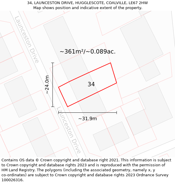 34, LAUNCESTON DRIVE, HUGGLESCOTE, COALVILLE, LE67 2HW: Plot and title map