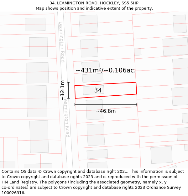 34, LEAMINGTON ROAD, HOCKLEY, SS5 5HP: Plot and title map