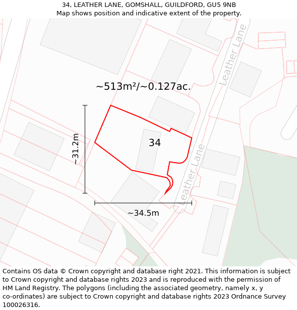 34, LEATHER LANE, GOMSHALL, GUILDFORD, GU5 9NB: Plot and title map