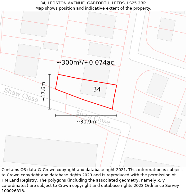 34, LEDSTON AVENUE, GARFORTH, LEEDS, LS25 2BP: Plot and title map