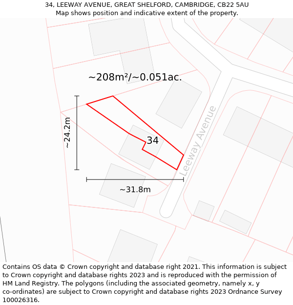 34, LEEWAY AVENUE, GREAT SHELFORD, CAMBRIDGE, CB22 5AU: Plot and title map