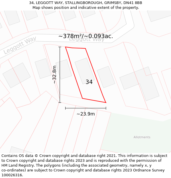 34, LEGGOTT WAY, STALLINGBOROUGH, GRIMSBY, DN41 8BB: Plot and title map