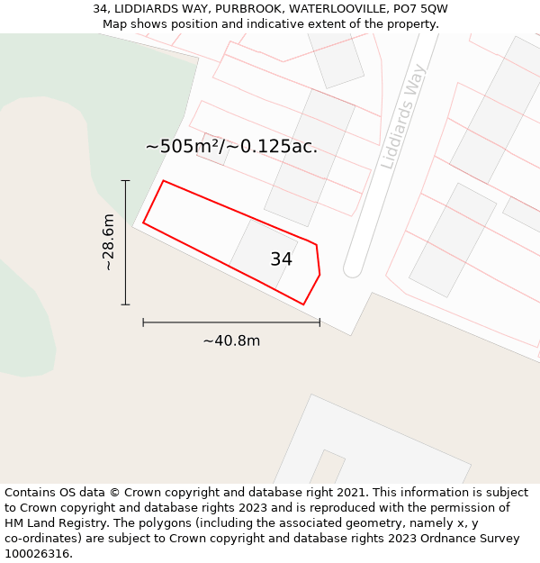 34, LIDDIARDS WAY, PURBROOK, WATERLOOVILLE, PO7 5QW: Plot and title map