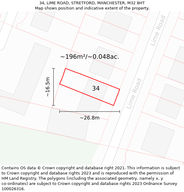 34, LIME ROAD, STRETFORD, MANCHESTER, M32 8HT: Plot and title map