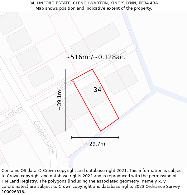 34, LINFORD ESTATE, CLENCHWARTON, KING'S LYNN, PE34 4BA: Plot and title map