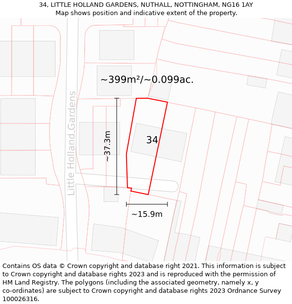 34, LITTLE HOLLAND GARDENS, NUTHALL, NOTTINGHAM, NG16 1AY: Plot and title map