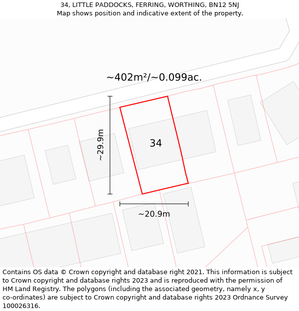 34, LITTLE PADDOCKS, FERRING, WORTHING, BN12 5NJ: Plot and title map