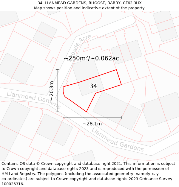 34, LLANMEAD GARDENS, RHOOSE, BARRY, CF62 3HX: Plot and title map