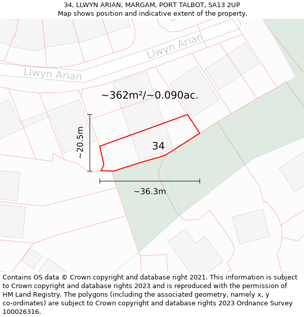 34, LLWYN ARIAN, MARGAM, PORT TALBOT, SA13 2UP: Plot and title map