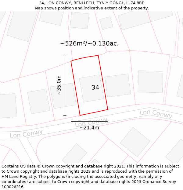 34, LON CONWY, BENLLECH, TYN-Y-GONGL, LL74 8RP: Plot and title map