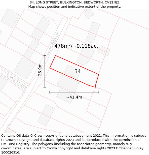 34, LONG STREET, BULKINGTON, BEDWORTH, CV12 9JZ: Plot and title map