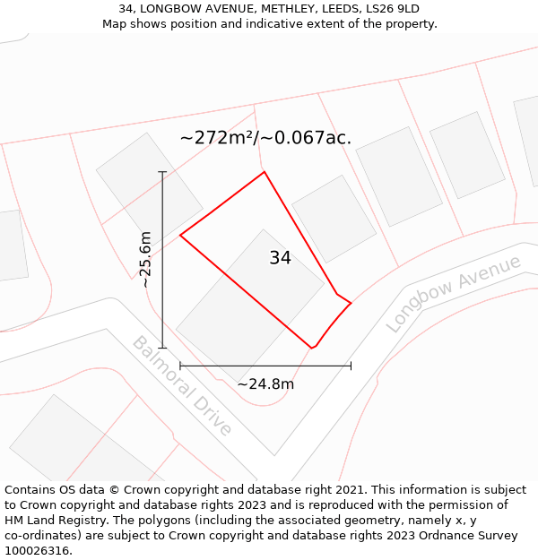 34, LONGBOW AVENUE, METHLEY, LEEDS, LS26 9LD: Plot and title map