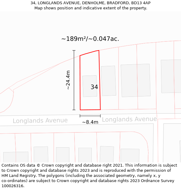 34, LONGLANDS AVENUE, DENHOLME, BRADFORD, BD13 4AP: Plot and title map